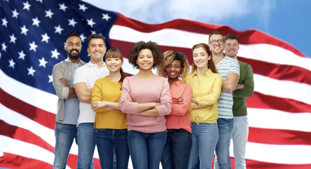 A picture of diverse Americans in front of the American Flag. Mayra Flores states what the American Dream means to her.