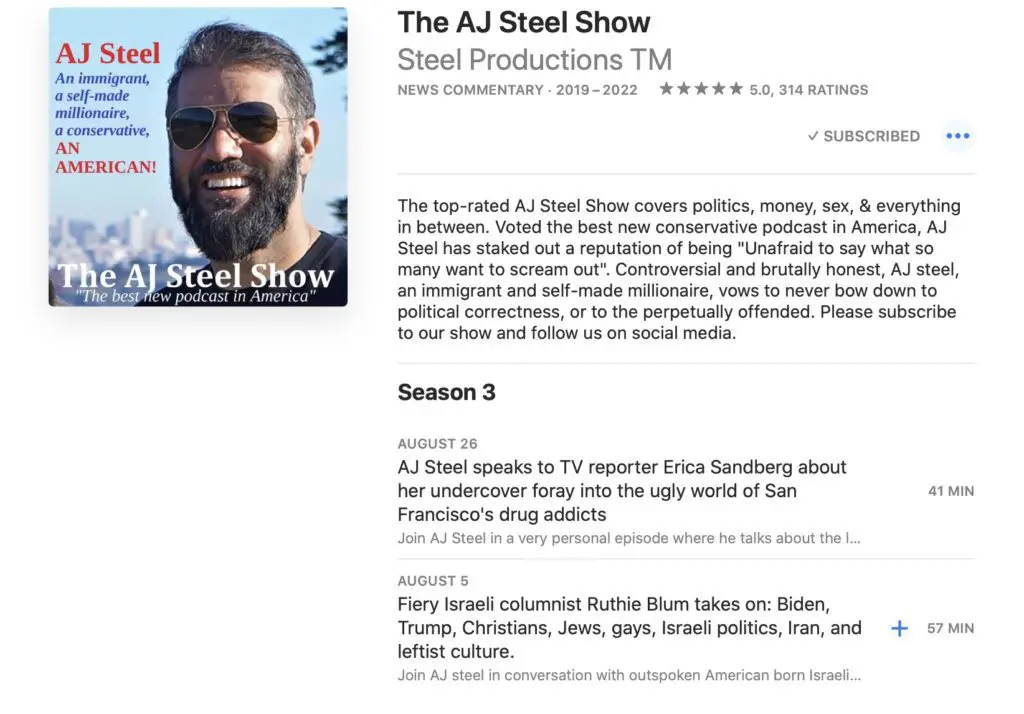 SCREENSHOT OF AJ STEEL PODCAST EPISODES WITH AJ STEEL PHOTO