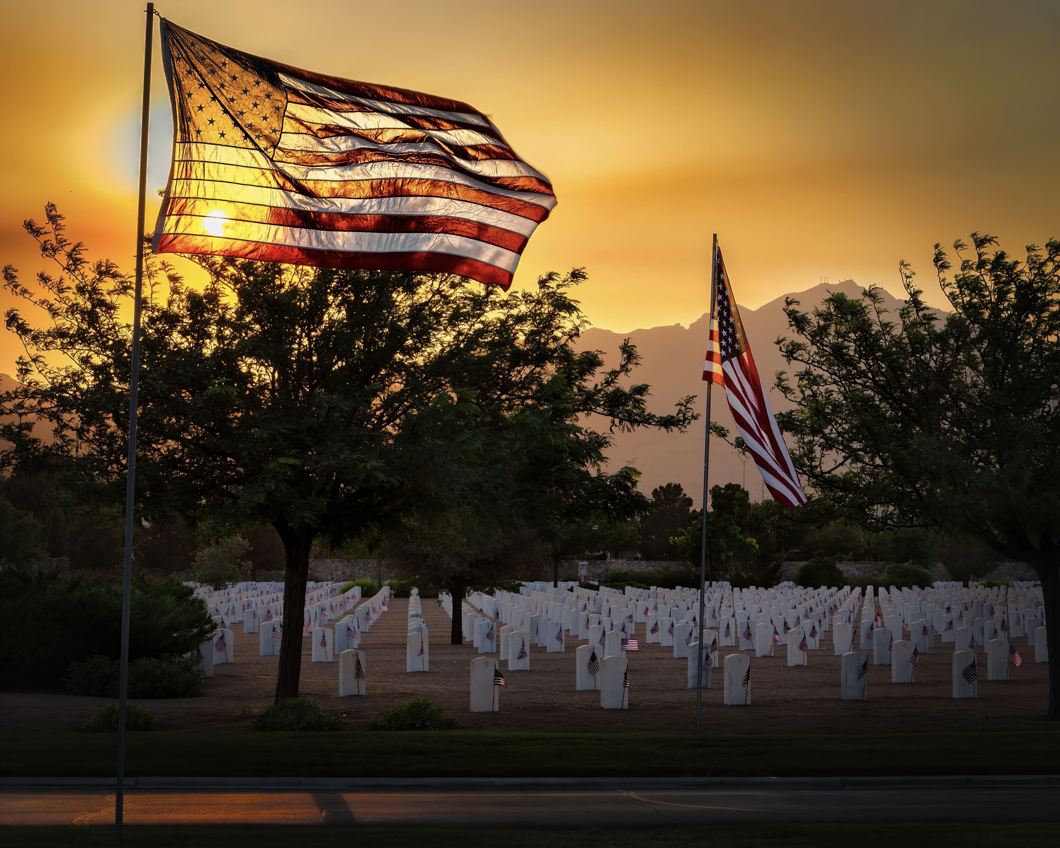 military cemeteries with American flag