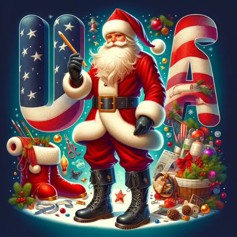 Christmas Costumes around the world Santa Clause with USA in the blue background with boots, a list and toys